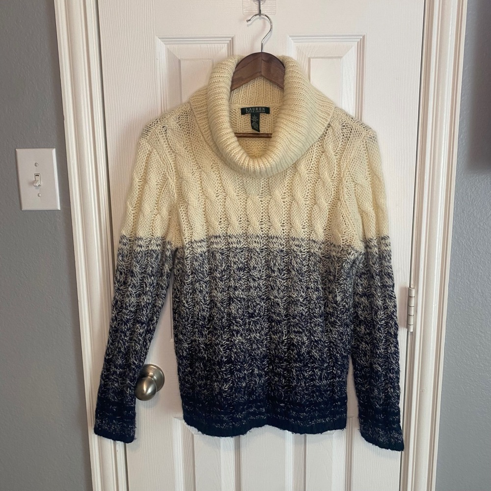 Lauren Ralph Lauren Ombre Cable Knit Cowl Neck Sweater Navy Ivory Mohair Large
